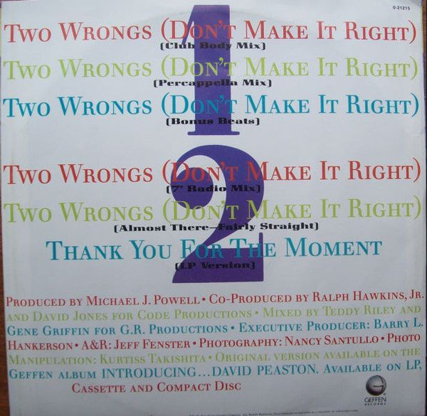 David Peaston : Two Wrongs (Don't Make It Right) (12", Single)