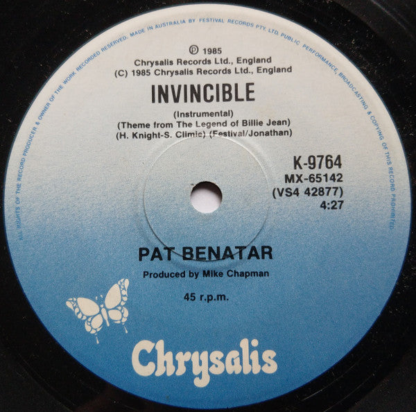 Pat Benatar : Invincible (Theme From The Legend Of Billie Jean) (7", Single, Lim)