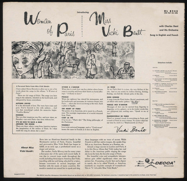 Miss Vicki Benet* : Woman Of Paris (LP, Album, Mono)