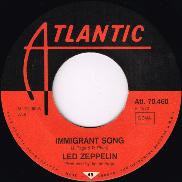 Led Zeppelin : Immigrant Song (7", Single)