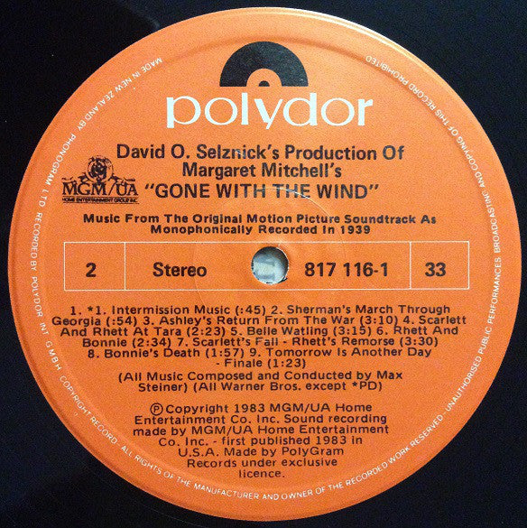 Max Steiner : Gone With The Wind (Music From The Original Motion Picture Soundtrack As Monophonically Recorded In 1939) (LP, Album, RM)