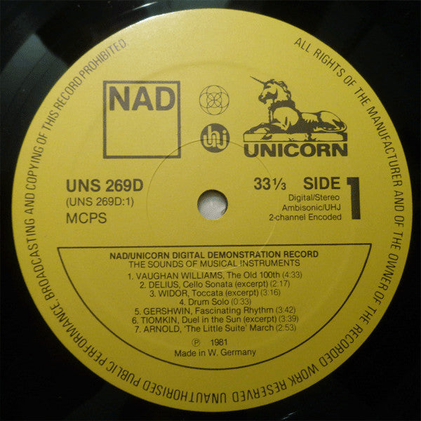 Various : Sounds Of Musical Instruments - NAD / Unicorn Digital Demonstration Record (LP, Comp)