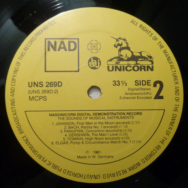 Various : Sounds Of Musical Instruments - NAD / Unicorn Digital Demonstration Record (LP, Comp)