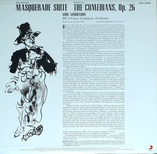 Khatchaturian* / Kabalevsky* / RCA Victor Symphony Orchestra : Masquerade Suite / The Comedians (LP, Album, Ltd, RE, RM, 200)