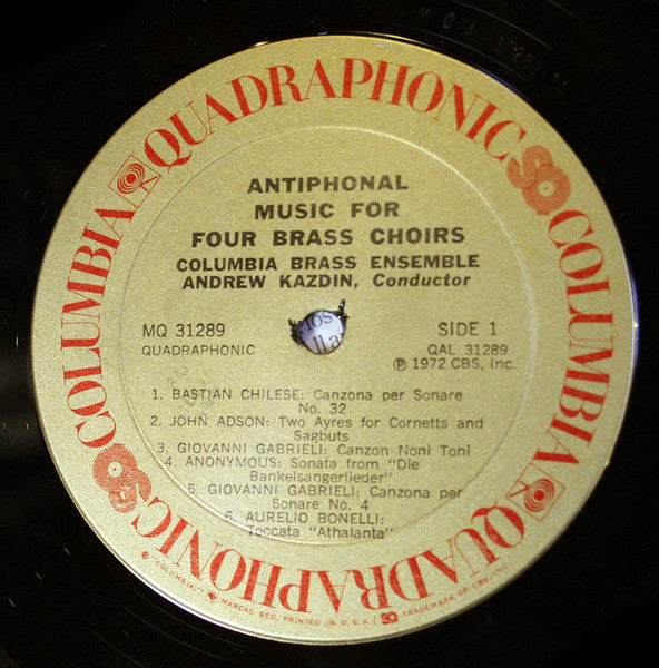 Columbia Brass Ensemble : Antiphonal Music For Four Brass Choirs (LP, Album, Quad)
