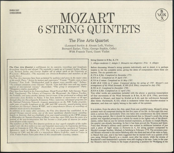 Mozart* - The Fine Arts Quartet With Francis Tursi : 6 String Quintets (3xLP, Album + Box)