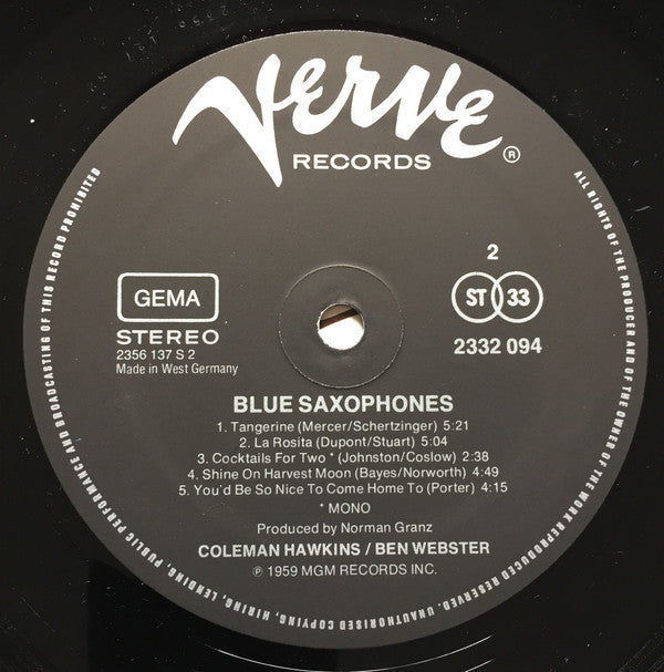 Coleman Hawkins & Ben Webster : Blue Saxophones (LP, Album)