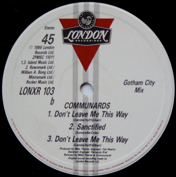 Communards* With Sarah Jane Morris : Don't Leave Me This Way (Gotham City Mix) (12", Single)