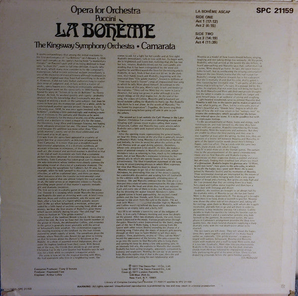 The Kingsway Symphony Orchestra, Camarata* : La Bohème Opera Para Orquesta (LP)