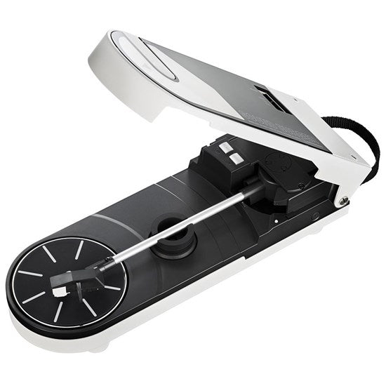 Audio Technica sound burger at-sb727 portable usb and bluetooth turntable in white from above front three quarter open