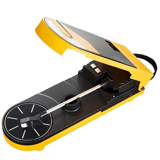 Audio Technica sound burger at-sb727 portable usb and bluetooth turntable in yellow from above front three quarter open