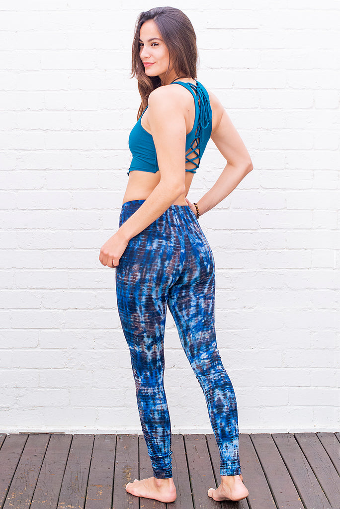 Blue snakeskin tie dye leggings yoga workout fitness pants back