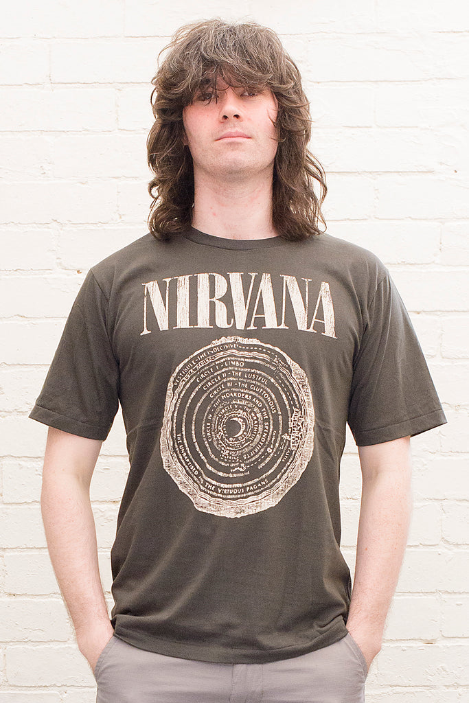 model wearing black cotton t-shirt with Nirvana logo and circle of hell graphic printed on front