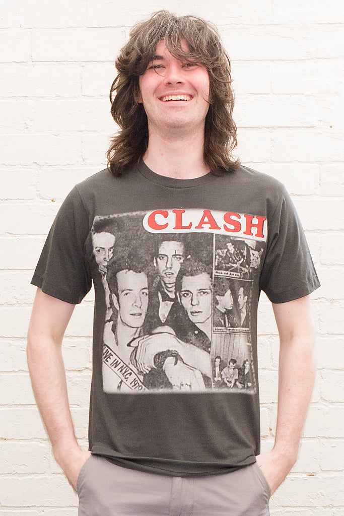 model wearing black cotton t-shirt with the clash lettering printed atop photographic images of the band in album cover format front