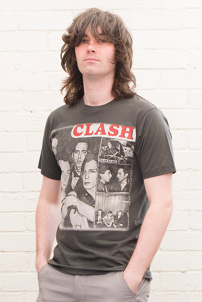 model wearing black cotton t-shirt with the clash lettering printed atop photographic images of the band in album cover format front