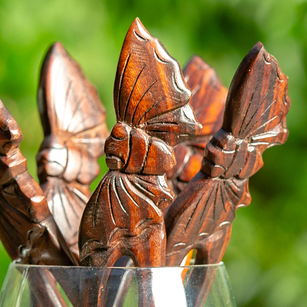 wooden double pronged hair stick with hand carved butterfly at end detail