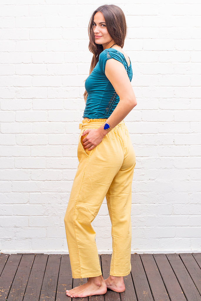 Cotton tie up pants yellow side