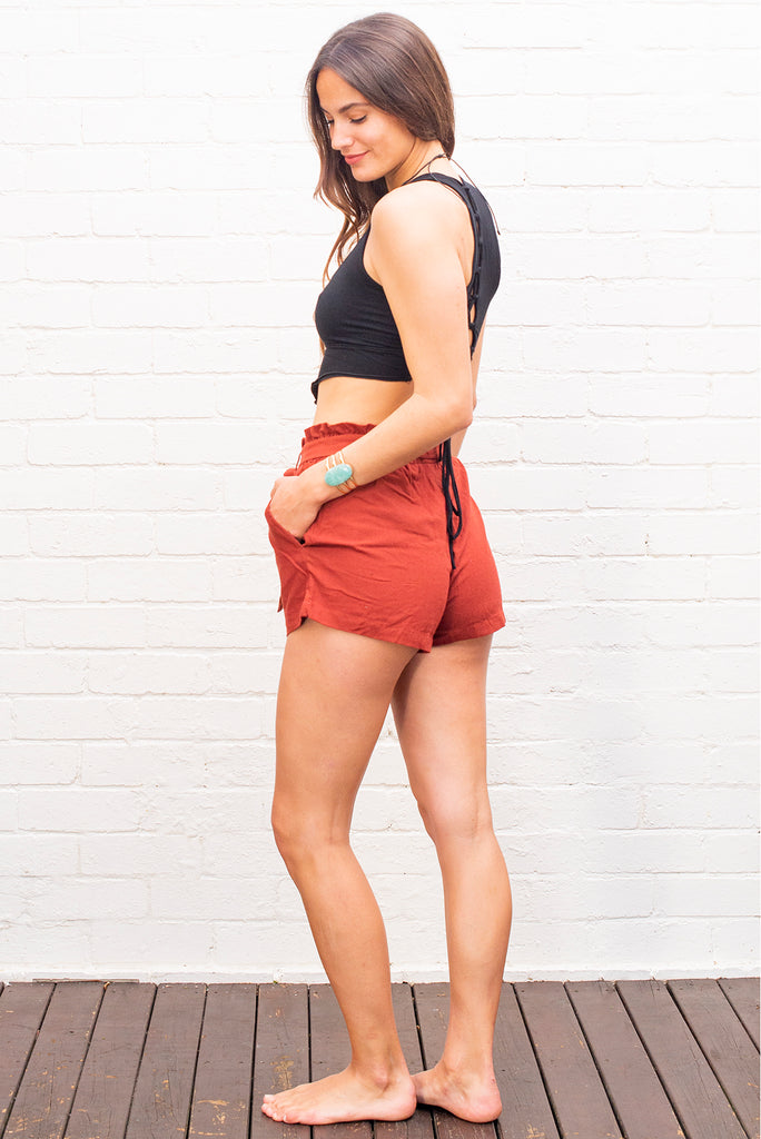 Cotton tie up shorts rust side