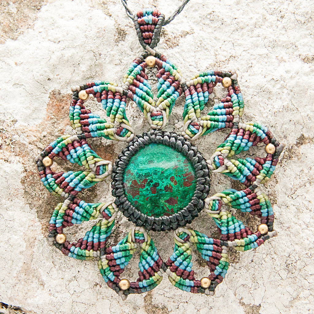 Small Mandala Macrame Pendant necklace with Chrysocolla Gem Stone handmade embroidered artisanal jewellery jewelry front detail