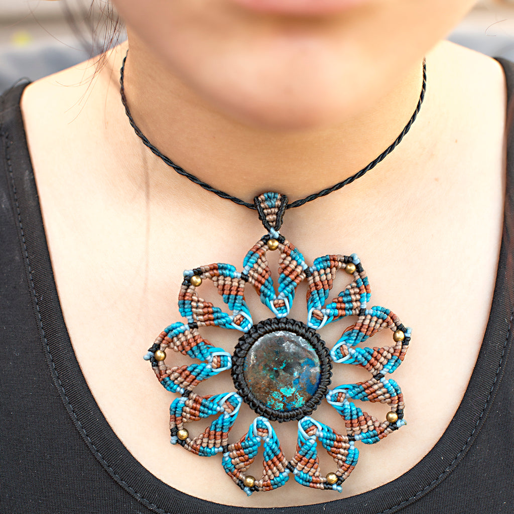 Small Mandala Macrame Pendant necklace with Azurite Gem Stone handmade embroidered artisanal jewellery jewelry front