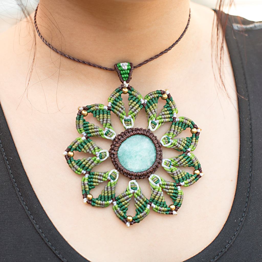 Small Mandala Macrame Pendant necklace with Amazonite Gem Stone handmade embroidered artisanal jewellery jewelry front