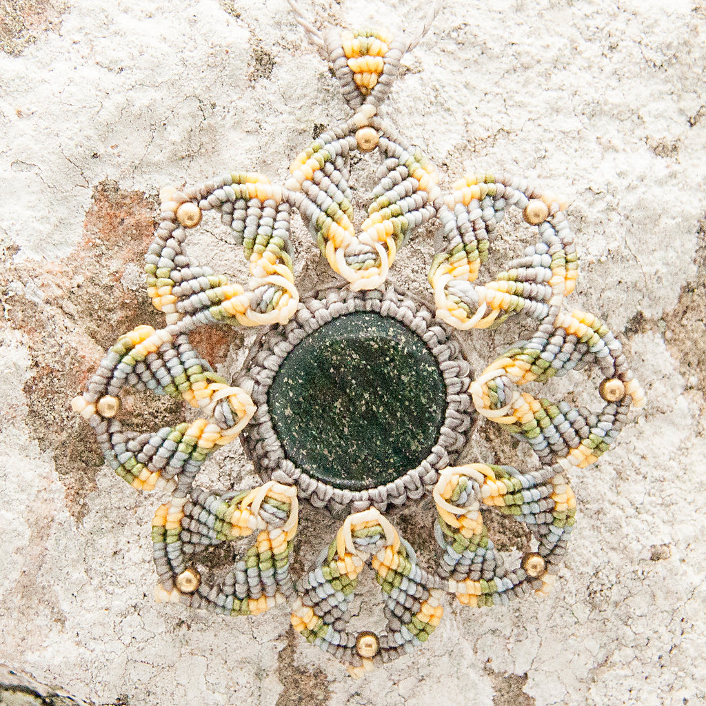 Small Mandala Macrame Pendant necklace with Guatemalan Jade Gem Stone handmade embroidered artisanal jewellery jewelry front detail