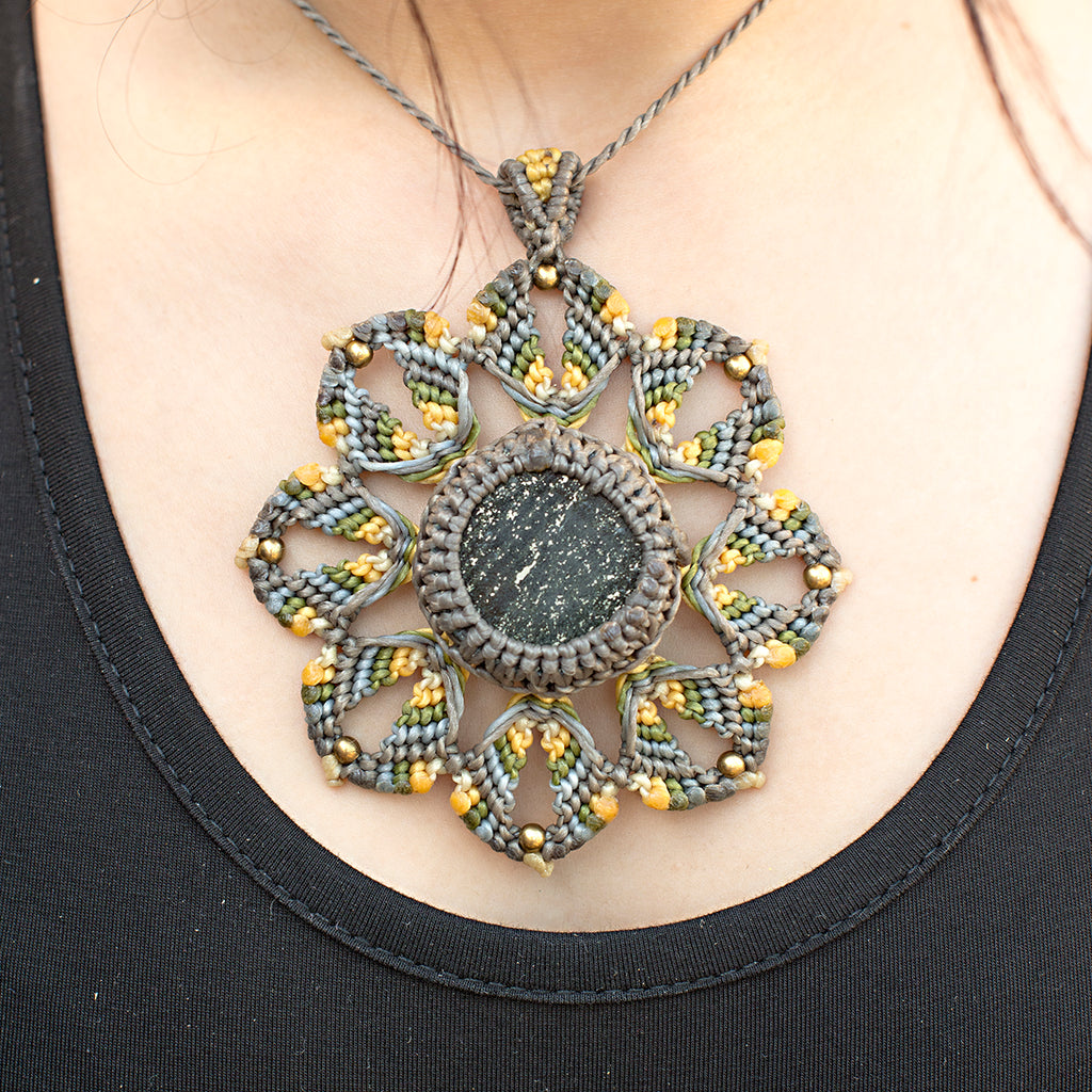 Small Mandala Macrame Pendant necklace with Guatemalan Jade Gem Stone handmade embroidered artisanal jewellery jewelry front