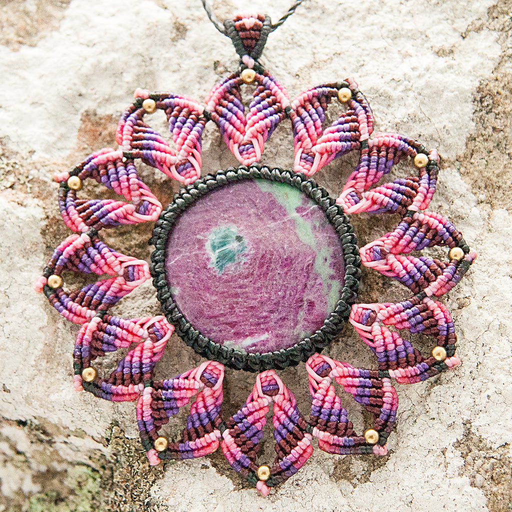 Large Mandala Macrame Pendant necklace with Ruby Zoisite Gem Stone handmade embroidered artisanal jewellery jewelry front detail