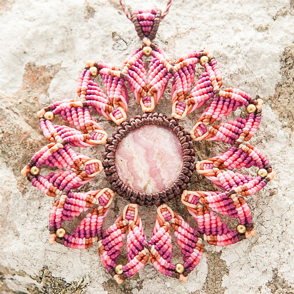 Medium Mandala Macrame Pendant necklace with Rhodochrysite Gem Stone handmade embroidered artisanal jewellery jewelry front detail