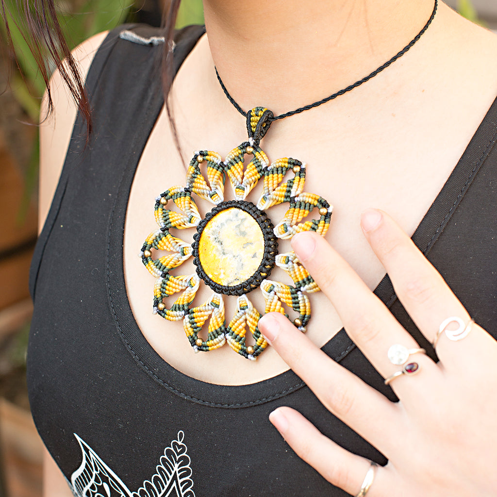 Medium Mandala Macrame Pendant necklace with Bumblebee Jasper Gem Stone handmade embroidered artisanal jewellery jewelry front