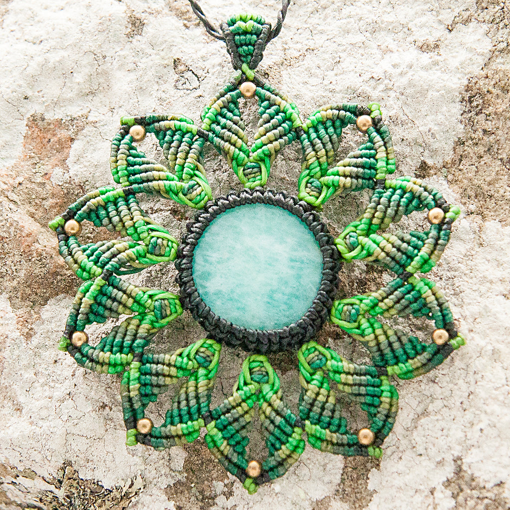 Medium Mandala Macrame Pendant necklace with Amazonite Gem Stone handmade embroidered artisanal jewellery jewelry front detail