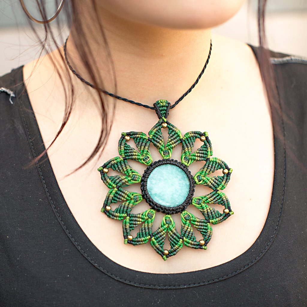 Medium Mandala Macrame Pendant necklace with Amazonite Gem Stone handmade embroidered artisanal jewellery jewelry front