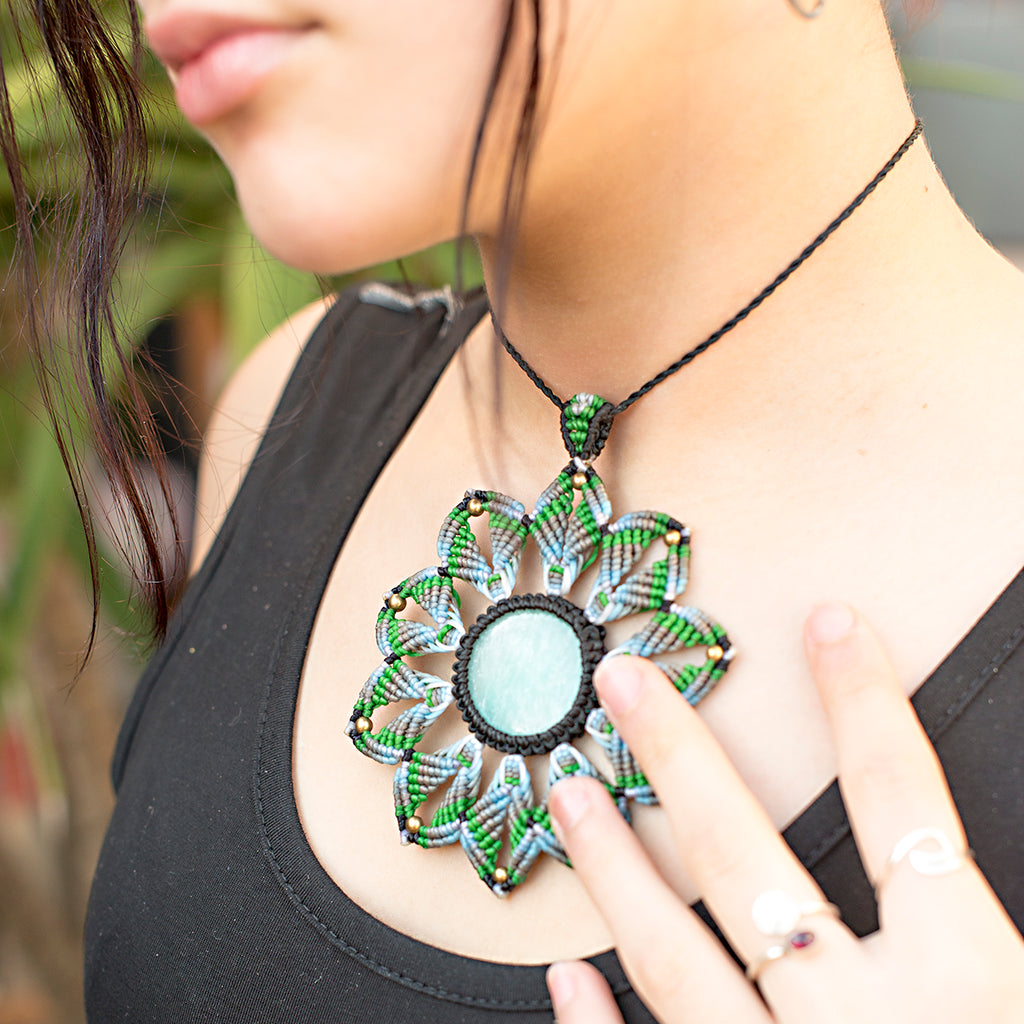 Medium Mandala Macrame Pendant necklace with Amazonite Gem Stone handmade embroidered artisanal jewellery jewelry front