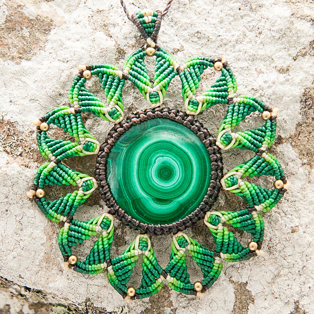 Large Mandala Macrame Pendant necklace with Malachite Gem Stone handmade embroidered artisanal jewellery jewelry front detail