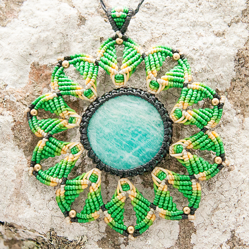 Large Mandala Macrame Pendant necklace with Amazonite Gem Stone handmade embroidered artisanal jewellery jewelry front detail