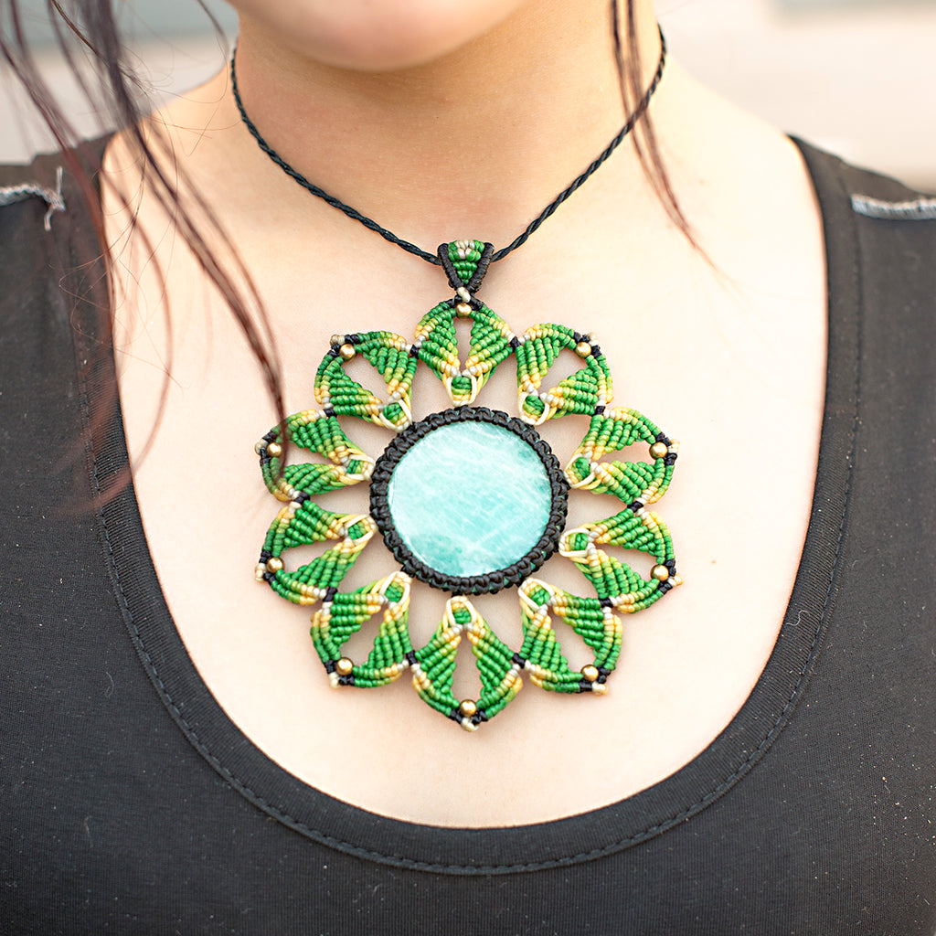 Large Mandala Macrame Pendant necklace with Amazonite Gem Stone handmade embroidered artisanal jewellery jewelry front