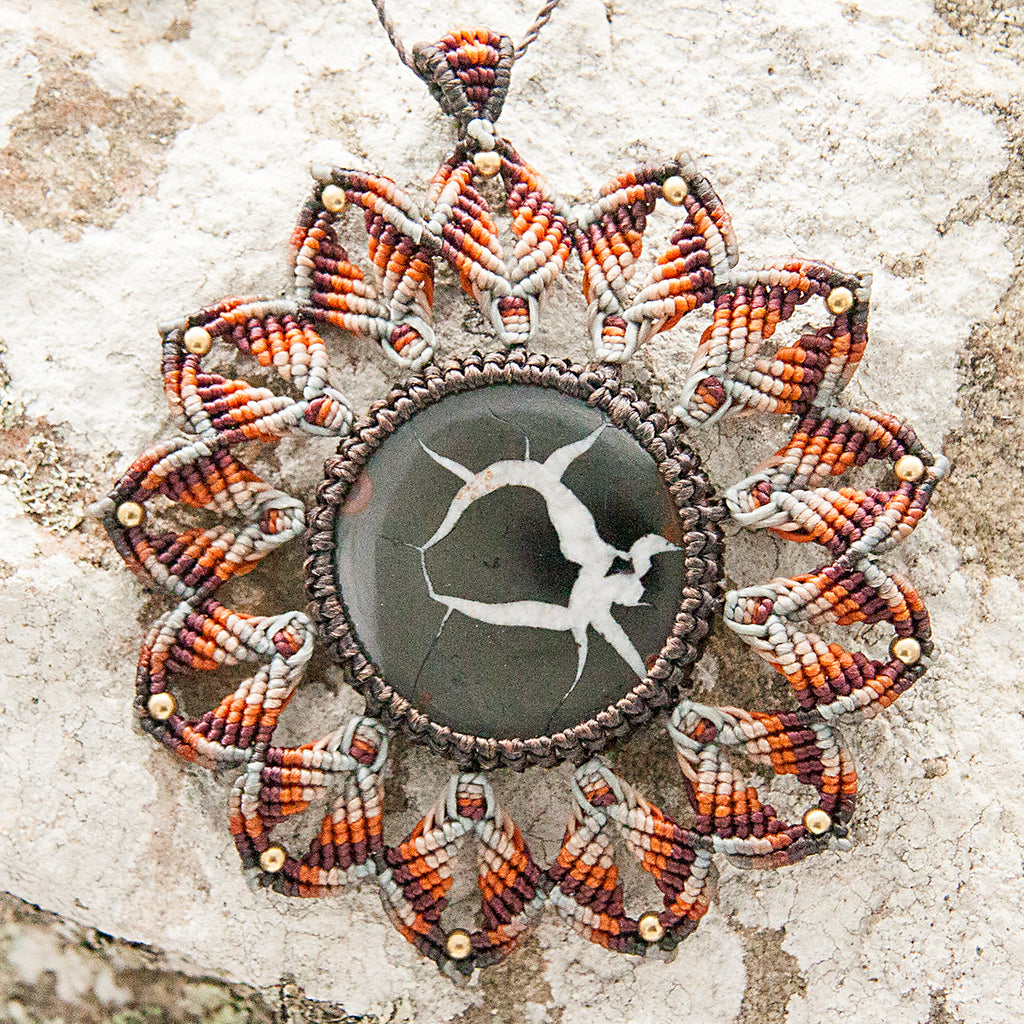 Large Mandala Macrame Pendant necklace with Septarian Gem Stone handmade embroidered artisanal jewellery jewelry front detail