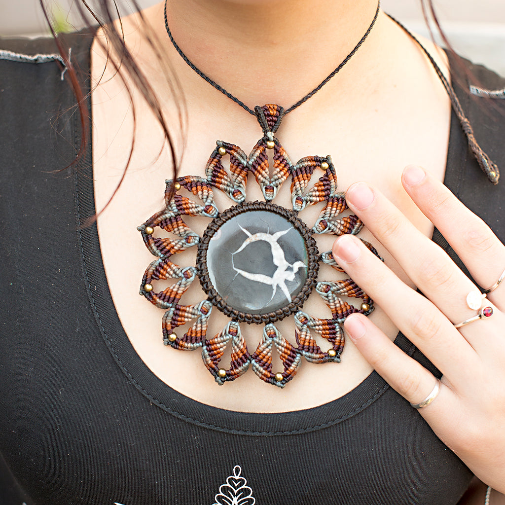 Large Mandala Macrame Pendant necklace with Septarian Gem Stone handmade embroidered artisanal jewellery jewelry front