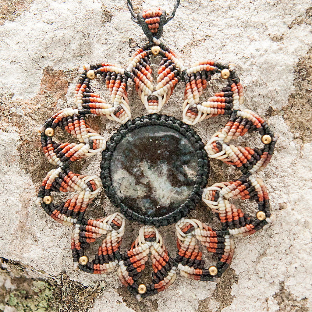 Large Mandala Macrame Pendant necklace with Wild Horse Magnesite Gem Stone handmade embroidered artisanal jewellery jewelry front detail