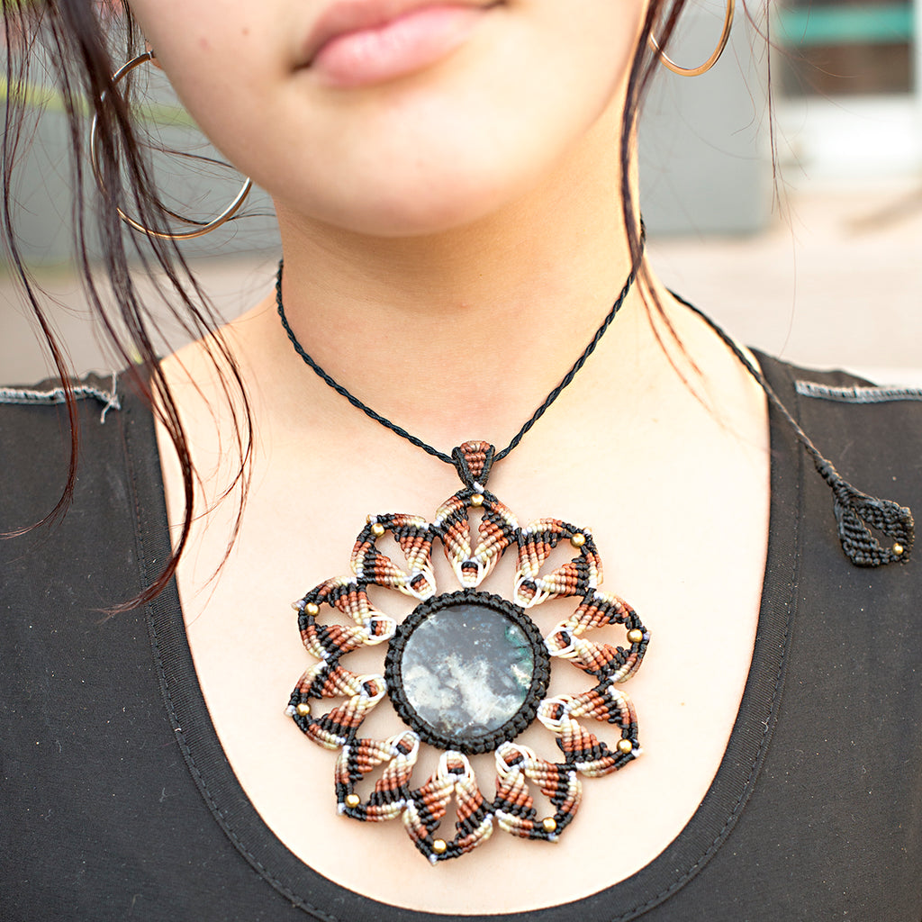 Large Mandala Macrame Pendant necklace with Wild Horse Magnesite Gem Stone handmade embroidered artisanal jewellery jewelry front