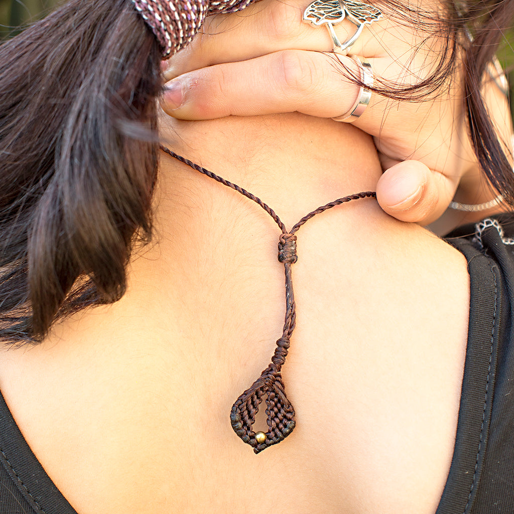 Medium Mandala Macrame Pendant necklace with Rhodochrysite Gem Stone handmade embroidered artisanal jewellery jewelry back