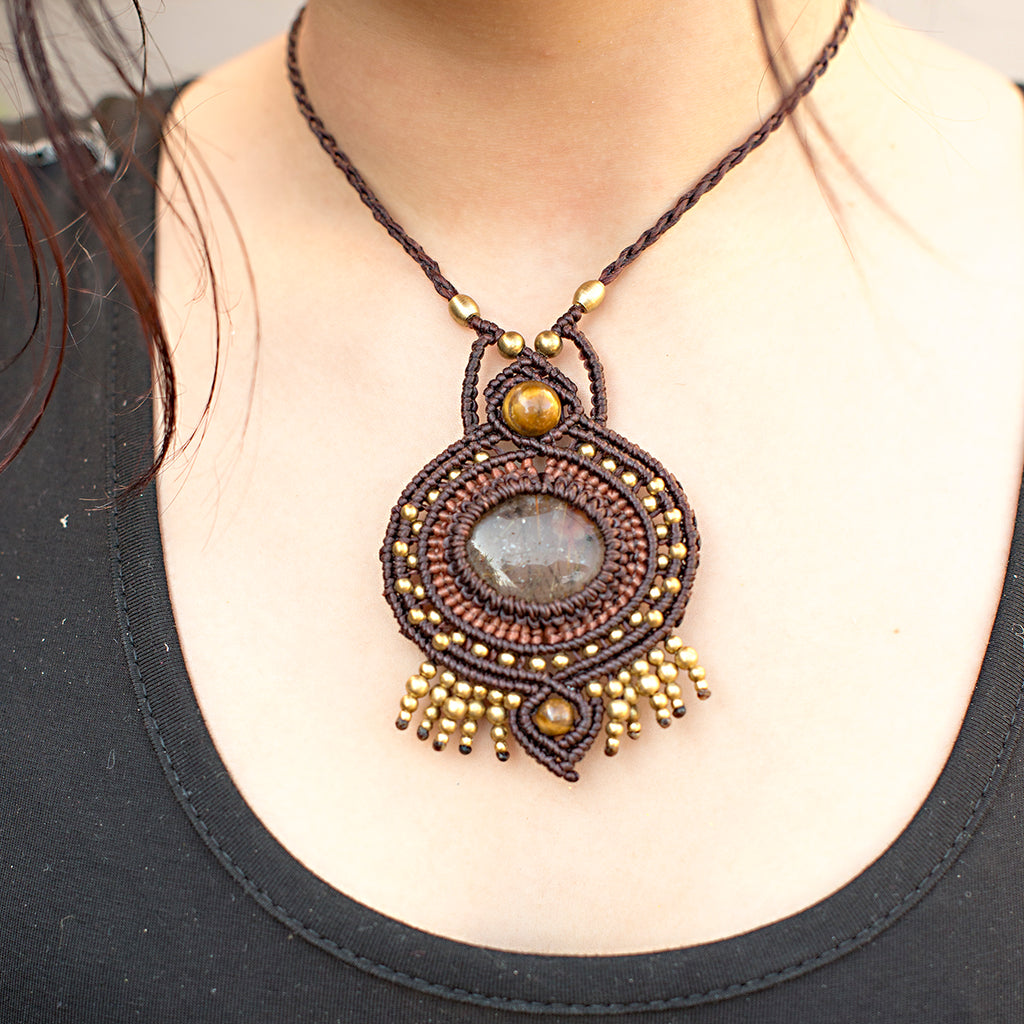 Ajna Macrame Pendant necklace with Tourmalated Quartz Gem Stone handmade embroidered artisanal jewellery jewelry front