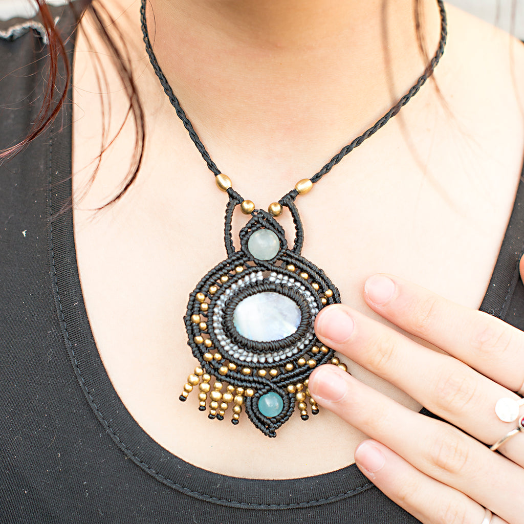 Ajna Macrame Pendant necklace with Rainbow Moonstone Gem Stone handmade embroidered artisanal jewellery jewelry front