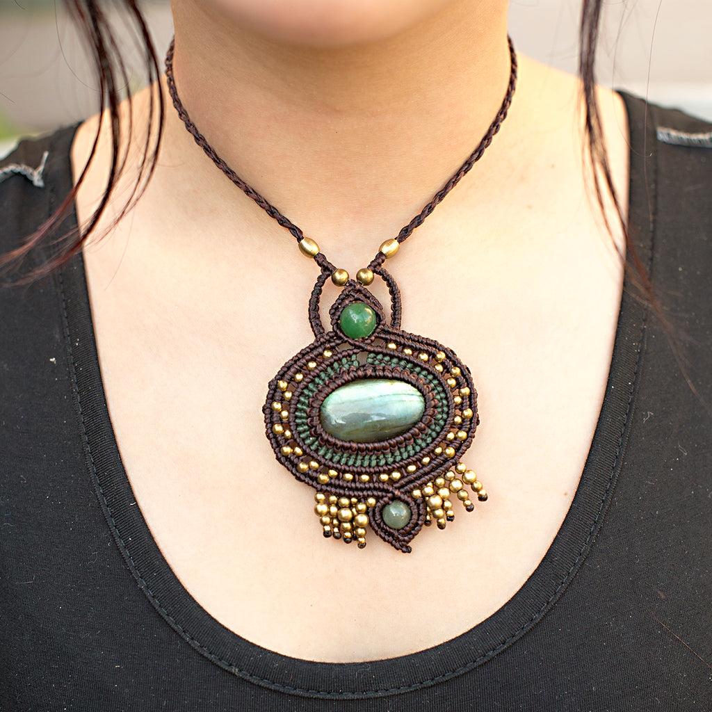 Ajna Macrame Pendant necklace with Labradorite Gem Stone handmade embroidered artisanal jewellery jewelry front