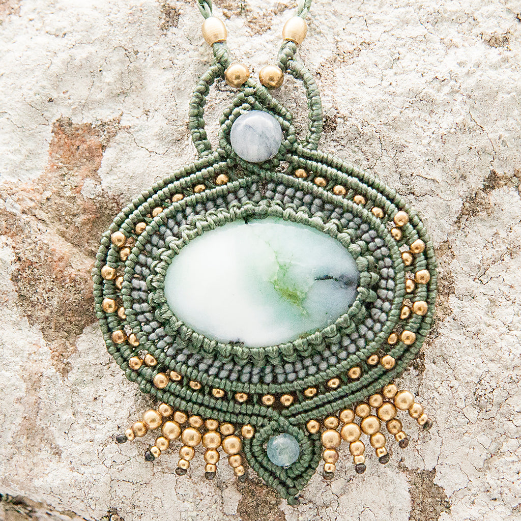 Large Ajna Macrame Pendant necklace with Chrysoprase Gem Stone handmade embroidered artisanal jewellery jewelry front detail