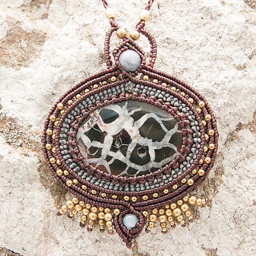 Large Ajna Macrame Pendant necklace with Septarian Gem Stone handmade embroidered artisanal jewellery jewelry front detail