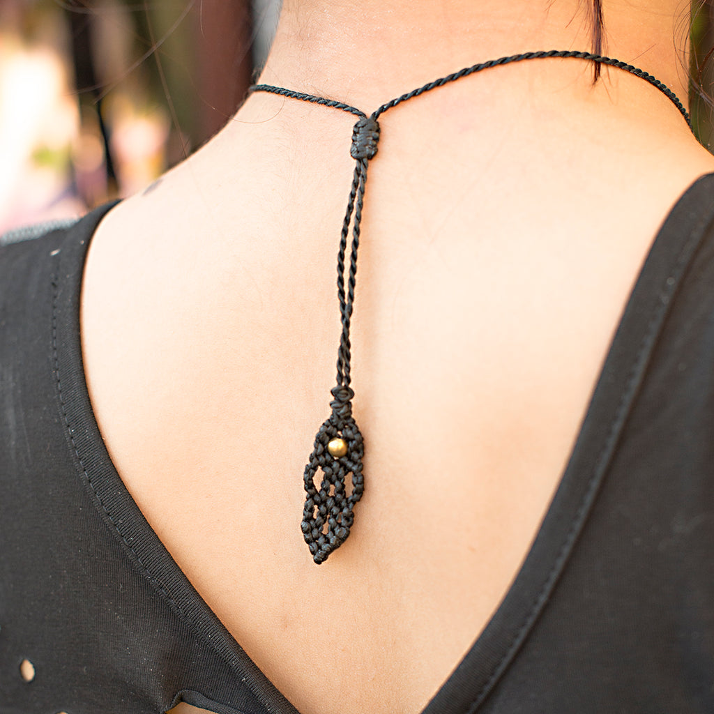 Tara Macrame Pendant necklace with Bumblebee Jasper Gem Stone handmade embroidered artisanal jewellery jewelry back