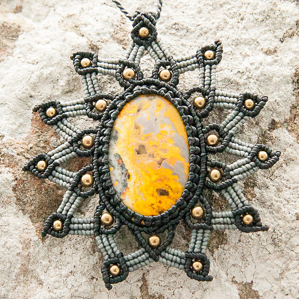 Tara Macrame Pendant necklace with Bumblebee Jasper Gem Stone handmade embroidered artisanal jewellery jewelry front detail
