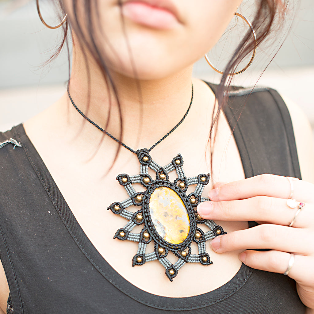 Tara Macrame Pendant necklace with Bumblebee Jasper Gem Stone handmade embroidered artisanal jewellery jewelry front