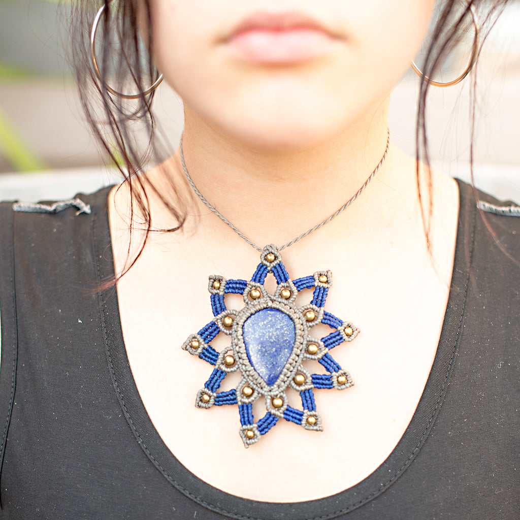 Tara Macrame Pendant necklace with Lapis Lazuli Gem Stone handmade embroidered artisanal jewellery jewelry front